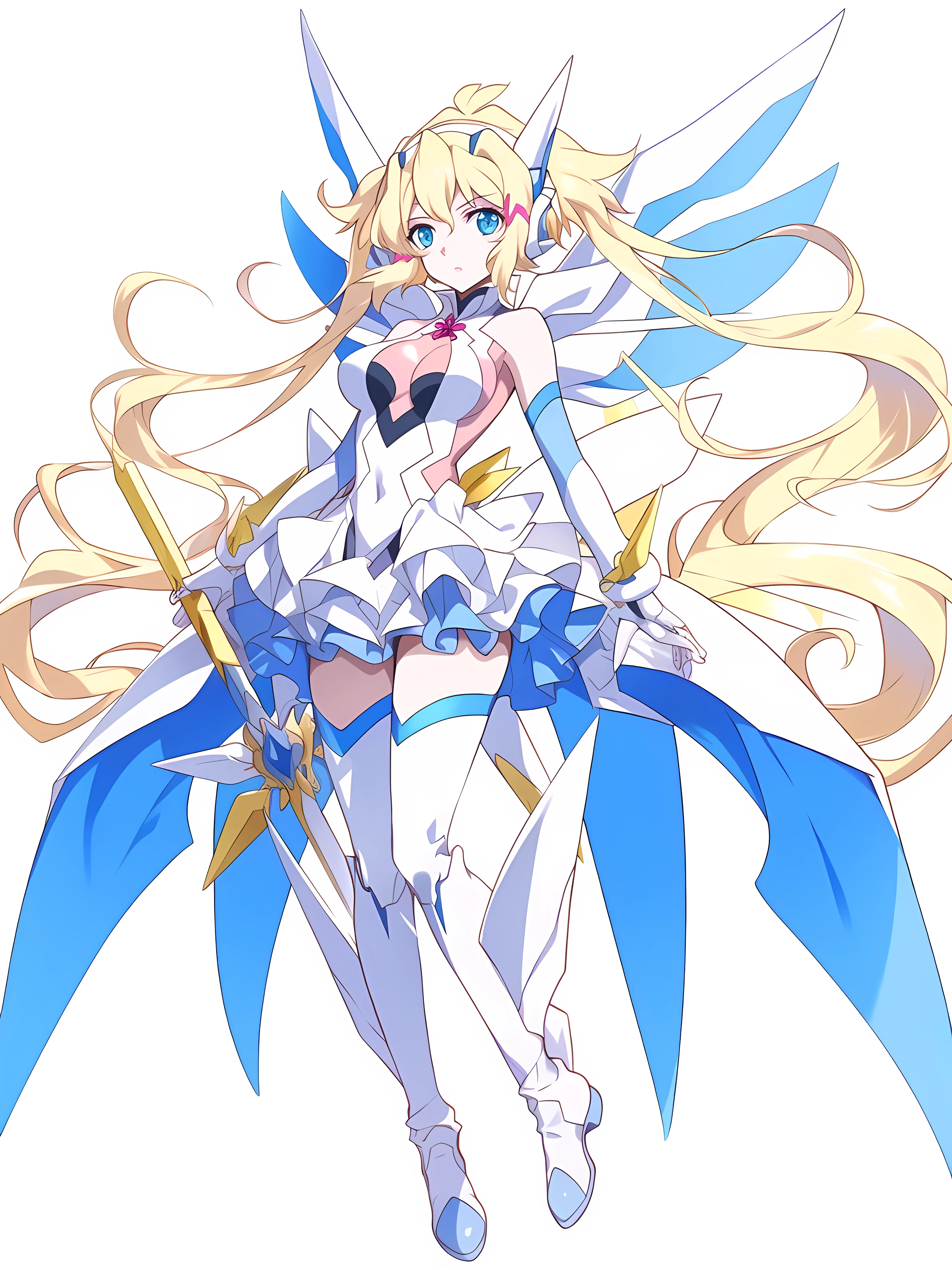 Chica anime con espada y vestido azul en fondo blanco., caballeros de la chica del zodiaco, diosa del anime, portrait caballeros de la chica del zodiaco, Arte Zerochan, artoria pendragon, Arte anime clave, obra de arte oficial del anime, arte oficial del personaje, arte oficial, chica anime rubia con pelo largo, detailed Arte anime clave, chica anime llamada lucy, arte oficialwork, delta macross