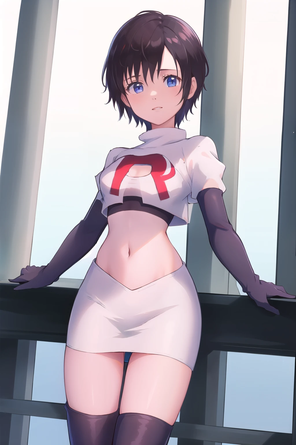 masterpiece, best quality, highres, aaxion, short hair, team rocket,team rocket uniform,white skirt,red letter R,crop top,black thigh-highs,black elbow gloves, cowboy shot, 