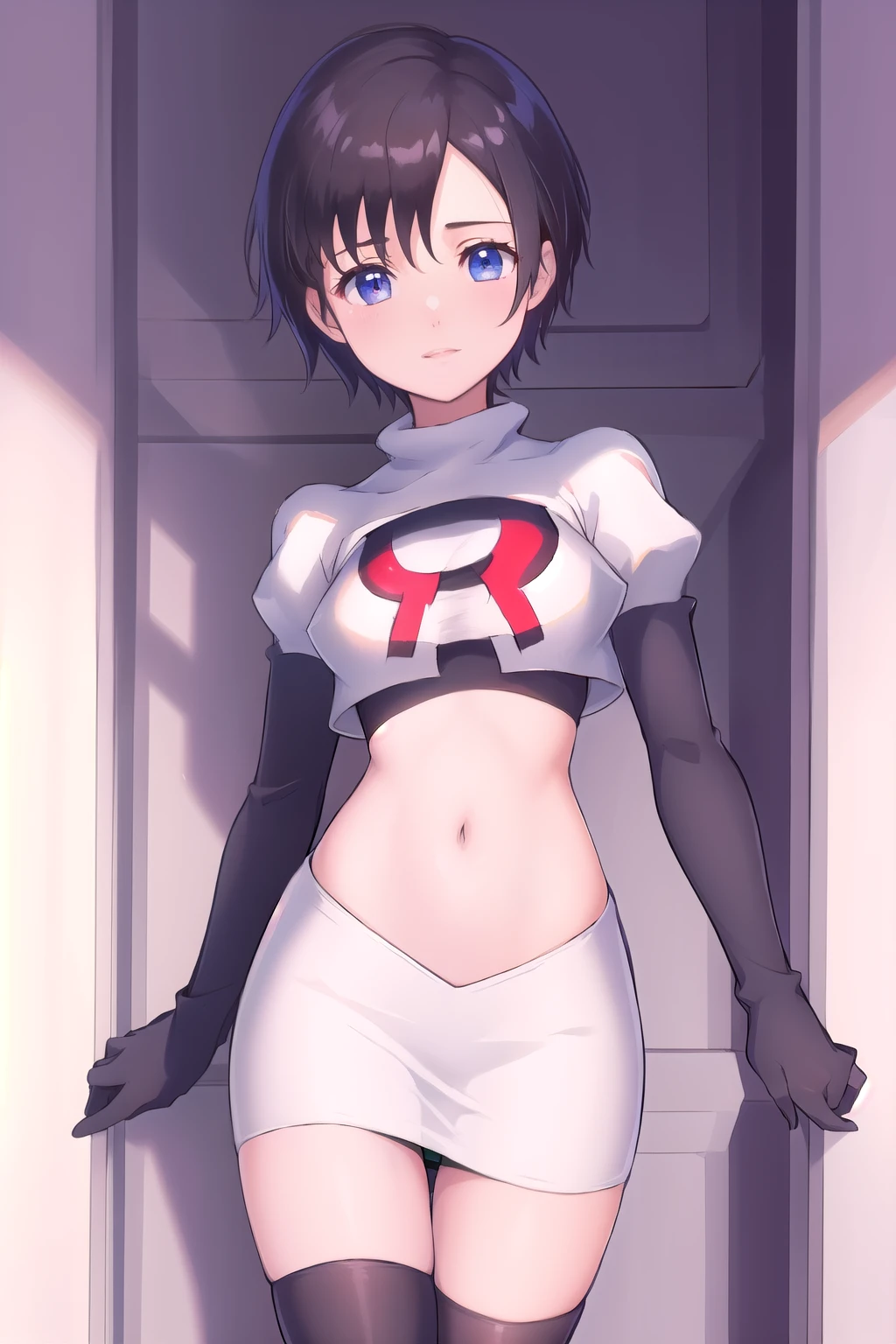 masterpiece, best quality, highres, aaxion, short hair, team rocket,team rocket uniform,white skirt,red letter R,crop top,black thigh-highs,black elbow gloves, cowboy shot, 