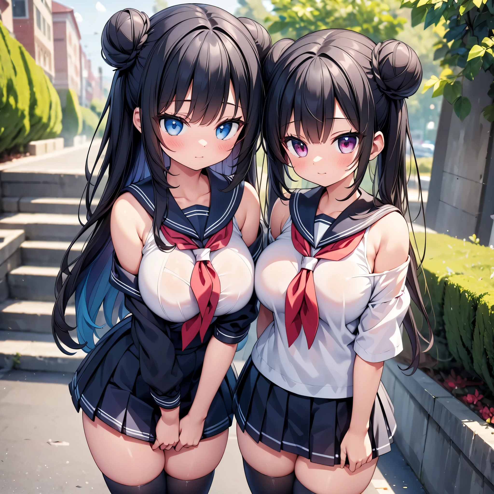 highest quality,wonderful,finely,extremely detailed CG Unity 8K wallpaper, (1 girl, Black Hair, double bun), (huge breasts:1.1),(off-shoulder sailor uniform:1.3), (zettai ryouiki:1.4)