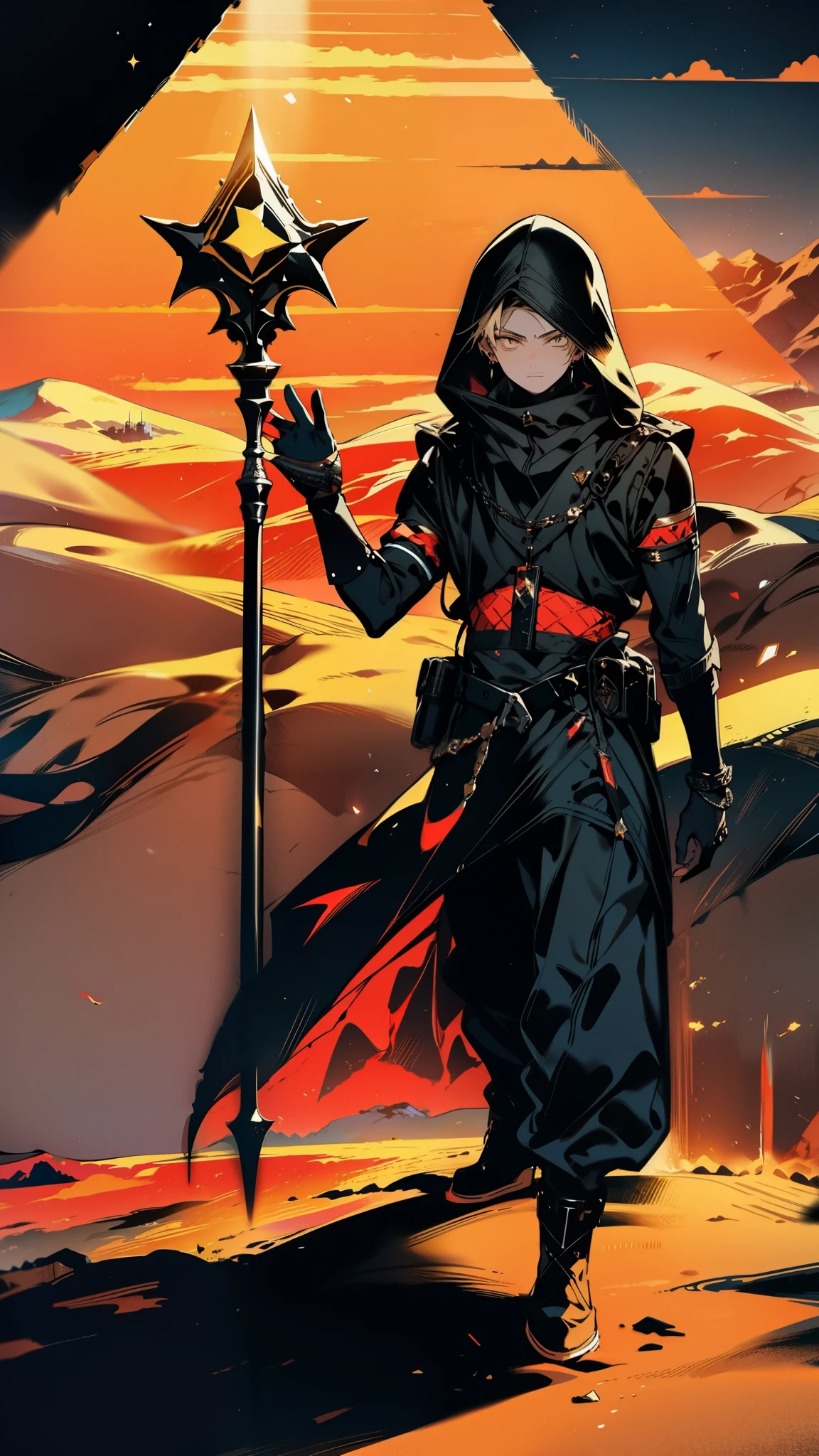 Against the backdrop of a vast desert expanse, a adolescent adorned in black and brown techwear outfit dominates the scene atop the pyramid, holding a scepter. The desert's sands shimmer under the intense sunlight, adding to the regal aura. By makoto shinkai. fantasy world, dark background, clean design, epic, artstation, colorful paint splatter, silhouette, hyper detailed intricate details, unreal engine, fantasy, splash screen, complementary colors, deviantart masterpiece, oil painting, heavy strokes, paint dripping, indifferent expression