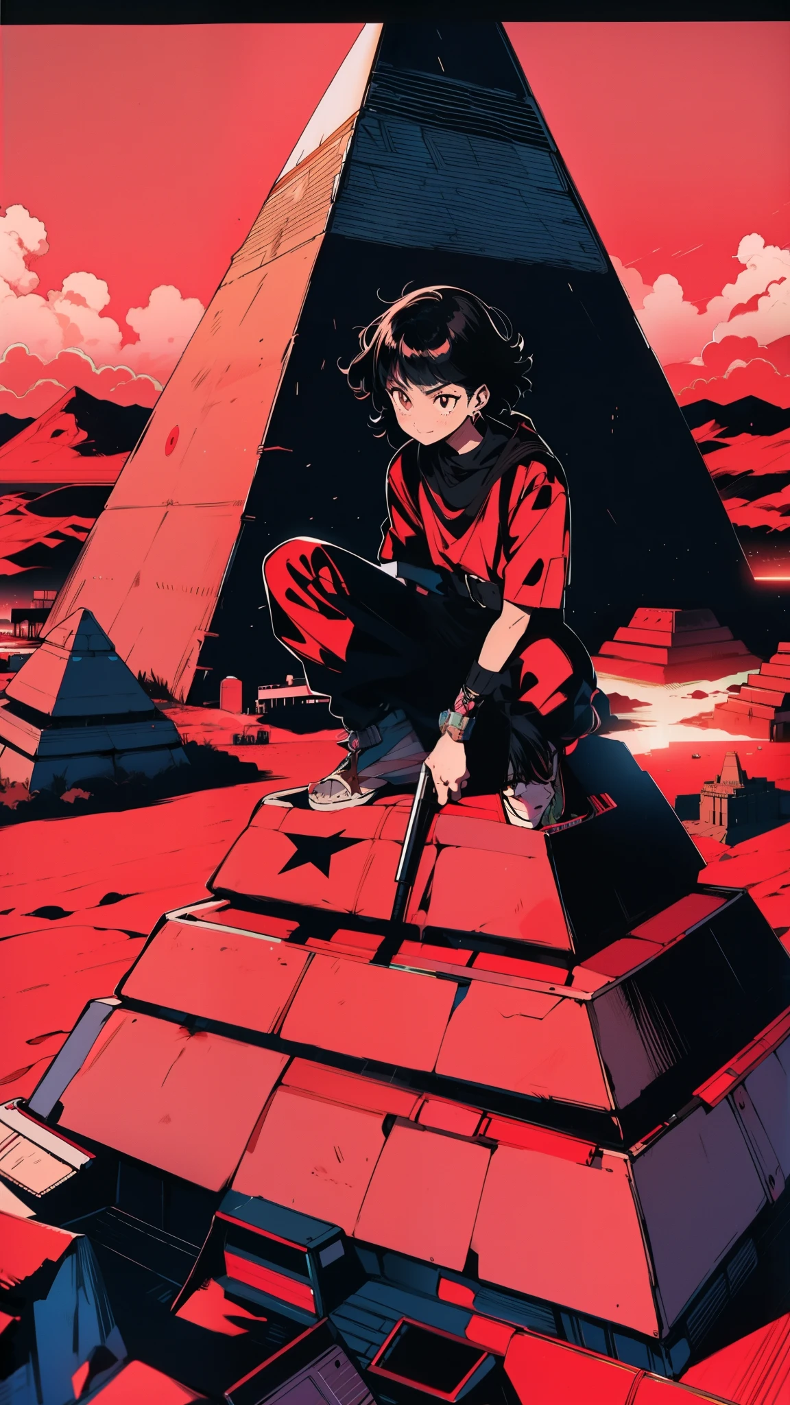 Against the backdrop of a vast desert expanse, a girl adolescent adorned in black and brown techwear outfit dominates the scene atop the pyramid, holding a scepter. The desert's sands shimmer under the intense sunlight, adding to the regal aura. By makoto shinkai.. 1980's vintage looking cel-shaded anime. face focus, black poce retro Anime Screencap, Redline Style, film grain, vhs overlay, vintage anime style junji ito