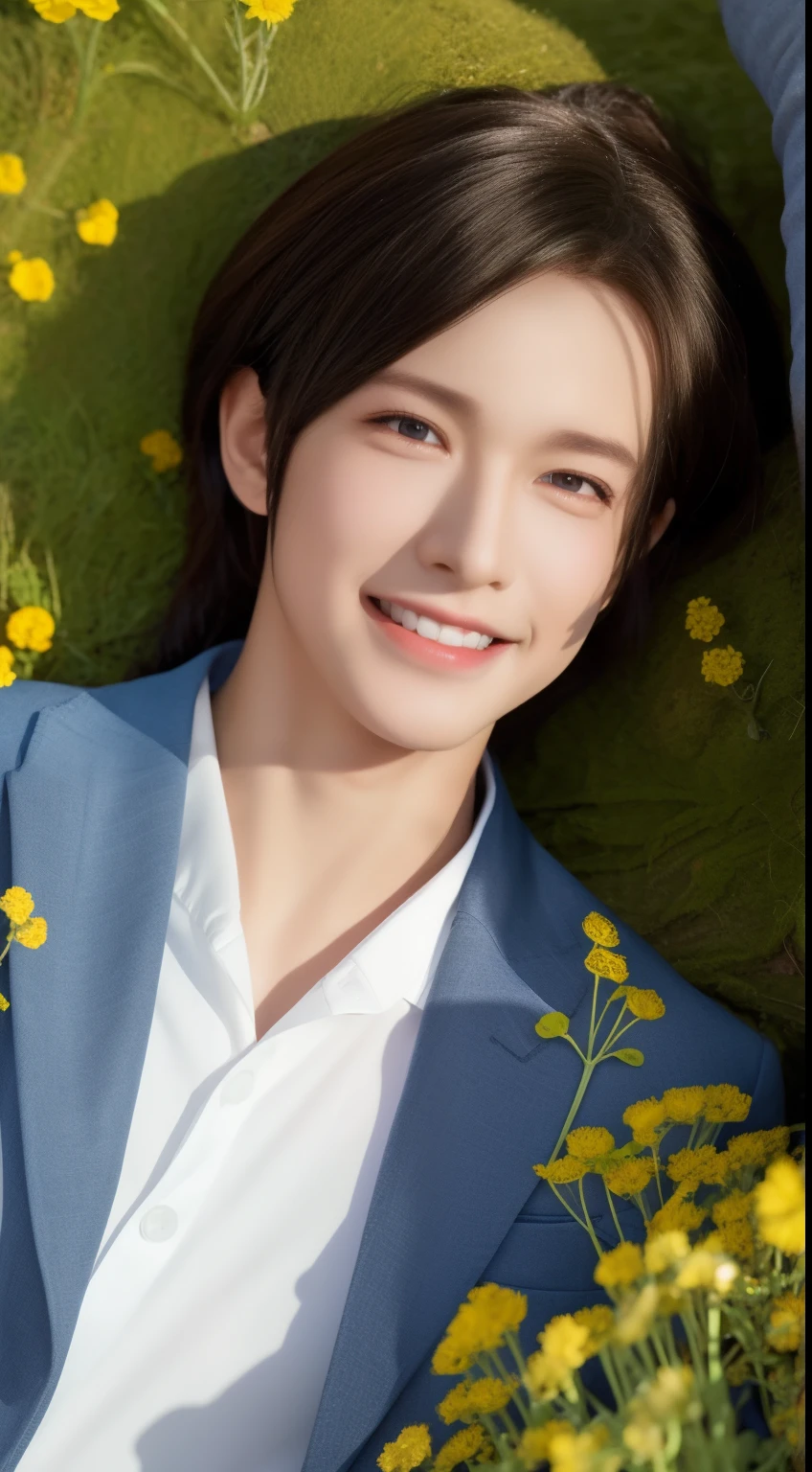 Smiling boy,Wear a tight fitting blazer,Denim pants,Lying on a large mossy rock in the middle of a rapeseed field,Detailed facial features,The eyes are delicate,The quality of the photos is the best,Realistic image quality,background diffuse lighting,The depth of the written boundary indicates。