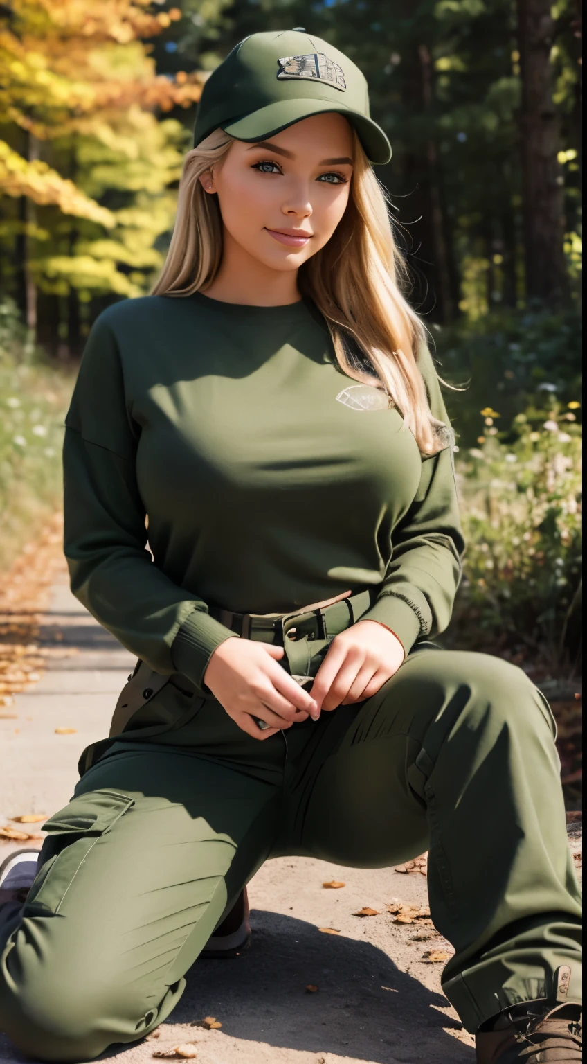 Foto hiperrealista en primer plano de Emily Sears, masterpiece, best quality, (photorealistic:1.4), full body, (army green winter Plus Size Long Sleeve Pullover casual Sweater:1.1), (army green cargo pants:1.2), (trucker hat), in the mountain, sunny fall day, cinematic light, beautiful woman, skinny, large breasts, blond hair, detailed face, smile, facing the camera, photo taken from a distance, age of 20 years old, she is sitting on the ground, crouches