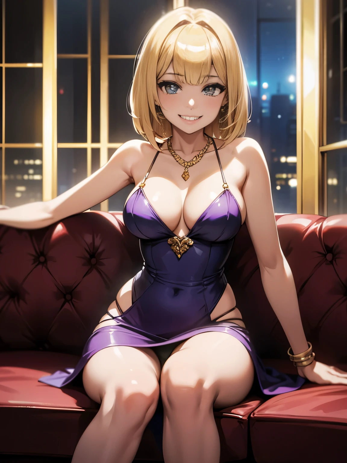 (8k、Best image quality、highest quality、masterpiece)、Detailed face、((Dimly lit room and attractive girl ))、Blonde hair color with blue layers、Sparkling eyes、shiny bright blue eyes、Wicked Smile、((Grin))、((Big Breasts、Big cleavage))、((hostess、Hostess、Nightclub、Bodycon、accessories))、Cowboy Shot、Girls Bar、Japanese cabaret club background、(Knowledgeable person、Shiny skin、Oily skin)、Written background、Large red leather sofa、Small glass table、Champagne glasses、Champagne bottle、Champagne Tower、Drunken girl、Adult female、21 year old gal、Thin face、Cute Smile、Girl、A woman sitting on a red sofa、best quality, masterpiece, ultra high res, photorealistic,
1girl, blunt bangs, dark eyes, big , short hair, blonde hair, straighthair, makeup, hostess (in a hostess bar),
looking at viewer, (smile:1.1),
earrings, necklace, bracelets, purple velvet dress,
in the bar with many people, spot light,
from the knee up,