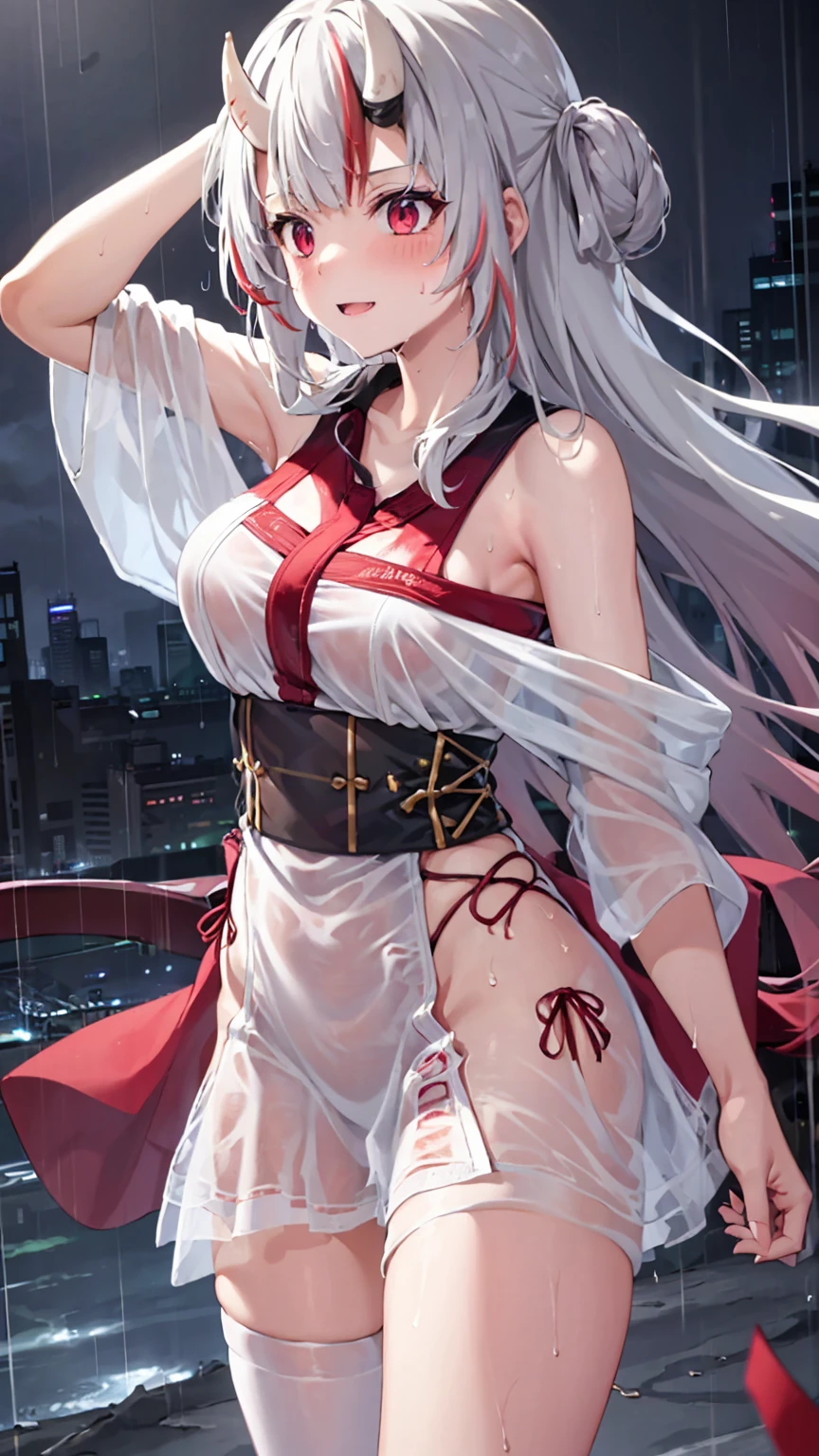 realistic, anime, 1girl,bangs, long hair, big breasts, perfect body, off shoulder, white hair, rainbow hair, oversized T-shirt, white T-shirt, black bra, bare legs, thigh, cleavage, collarbone, (extremely detailed CG unity 8k wallpaper, masterpiece, best quality, ultra-detailed, best shadow), (masterpiece:1.2, best quality), very red eyes, sweat, soft body, cute, arm strap, thigh strap, multicolor eyes, outside, out door, raining, night, wet cloths, standing, standing in the rain, wet hair, wet skin, see through, (heavy rain), ruined  building, messy ground, bullet shells on ground, dust, wounds, walking, jacket, tactical suit, military equipment, (night), white legwear, wet thighs, ((lotion)), from behind, (wet), dress, skirt, , happy, happy expression, thighs, from below, horizon, \(weapon\), ((sweat:1.2)), white suit 
