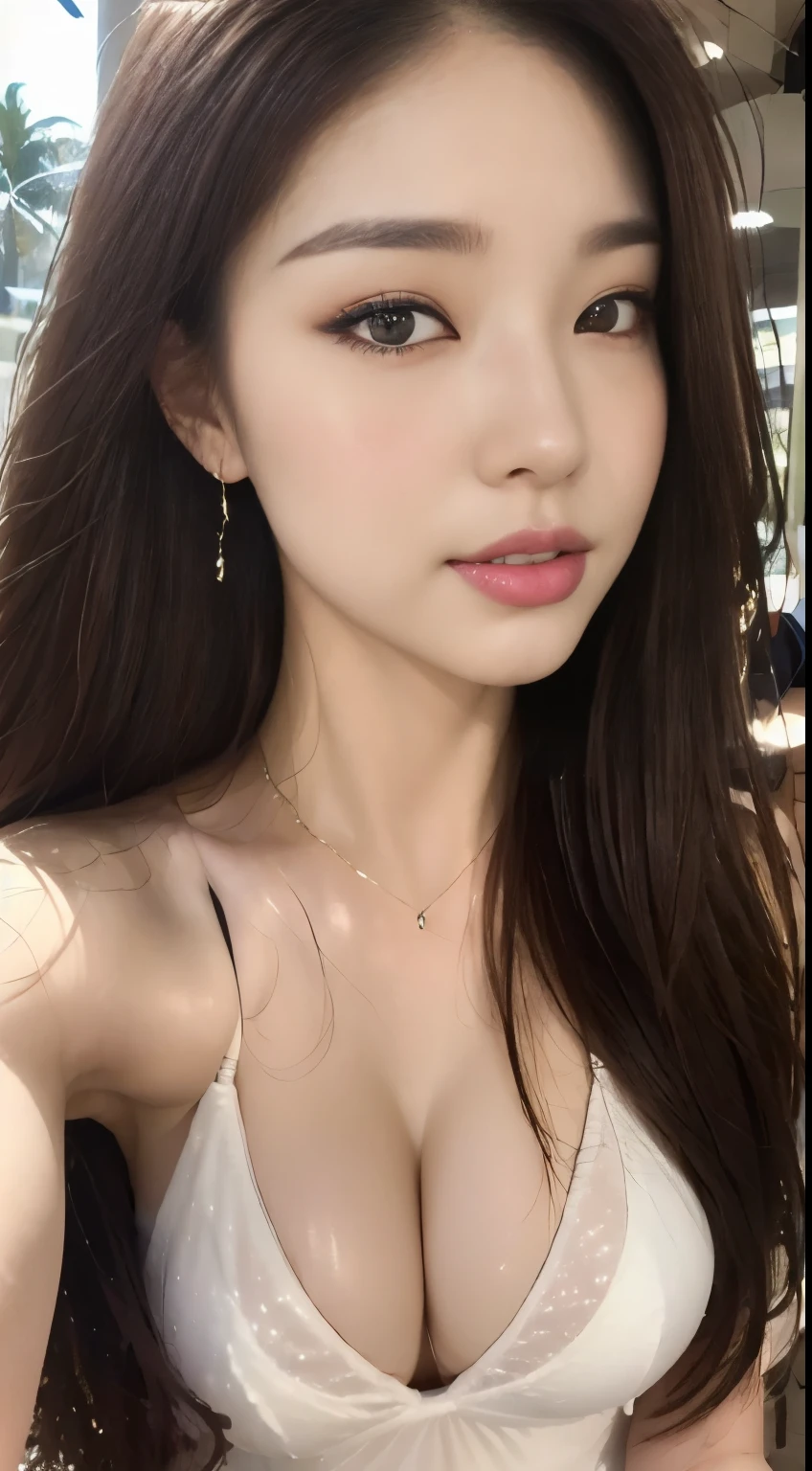 ((highest quality, 8k, masterpiece :1.3)), One Girl, Selfie, close, A very affectionate smile:1.2. Slim face, Beautiful woman, (Dark brown hair), Big Breasts:1.3,White micro bikini swimsuit,Highly detailed face, fine grain, double eyelid,  Blur the background, outside, street, sunny, Ocean, nature,Hawaiian sand beach, (Maximum resolution: 1.4), (Ultra high definition: 1.2), Cinematic Light, (Detailed eyesと肌), (Detailed facial features), 8k resolution, Perfect Style, Beautiful expression、Highly detailed faceと肌の質感、Detailed eyes、double eyelid、Glitter Eyeliner:1.2、Dark lipstick:1.2、((Pure white skin:1.2)),Glossy Lips:1.2、((Full Body Shot:1.2)),(Straight Hairstyles、Dark brown hair)、One-length long hair、175cm,Slim Abs