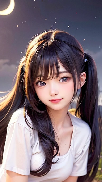(highest quality, masterpiece), One girl, Twin tails、Pause, particle, Wind, flower, Upper Body, Simple Background, View your viewers, , Milky Way,smile、Purple Long Hair、Twin taililky way、Crescent Moon