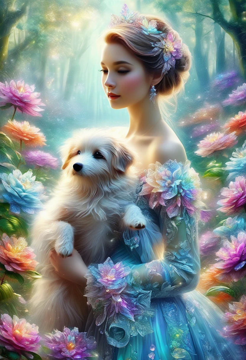 (high quality, 4k, HD, highly defined:1.2), magical, dreamlike image, (realistic, photorealistic, photo-realistic:1.37), (illustration, oil painting, 3D rendering, photography), detailed textures, vibrant colors, soft lighting, a girl hugging a Shiba Inu, beautiful scenery, whimsical atmosphere, gentle sunlight, blooming flowers, enchanting forest, sparkling stream, tranquil ambiance, captivating expressions, harmonious composition, joyful connection between girl and dog, vivid emotions, seamless blend of reality and fantasy, surreal elements, intricate details on the girl's dress, intricate patterns on the dog's fur, serenity, serendipity.
