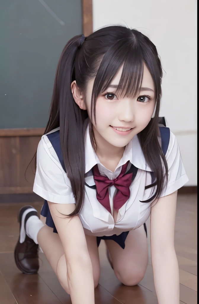 1 girl, very cute, Great face and eyes, (Beautiful lovely smile), (Very detailedな美しい顔), bright shining lips, Keep staring at me, so beautiful, (school uniform:1.3), Open chest、Cleavage、Big Breasts、(highest quality:1.4), (super high quality), (Very detailed), (Surreal, Realistic:1.37), Real skin texture, 8K wallpapers incorporating detailed CG, RAW Photos, Professional photos, Cinema Lighting,Short skirt、Put on your boots、On all fours、Turn your big butt towards you