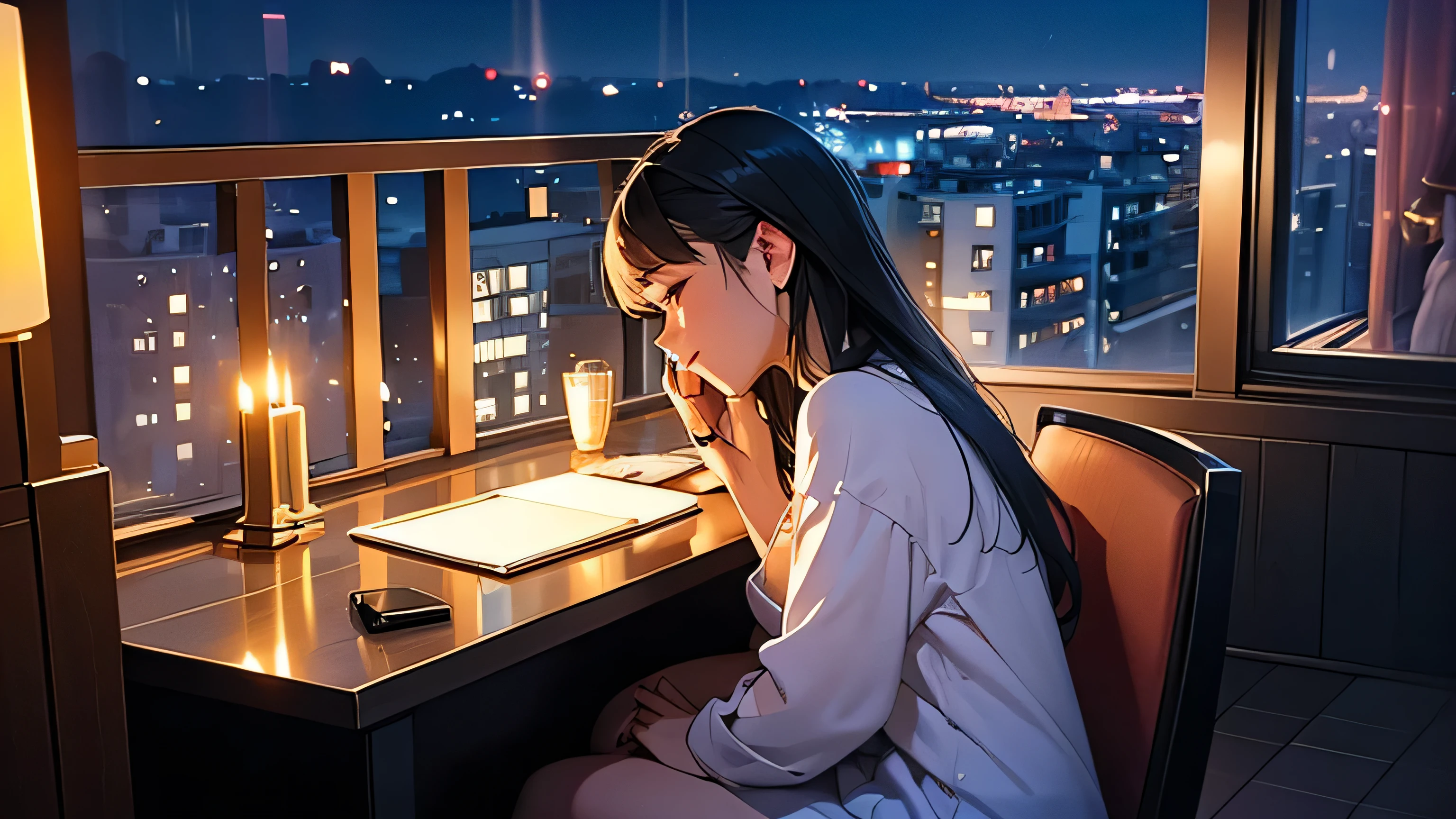 Night City I opened my laptop on the table in my balcony at night. A cute girl studying while listening to music with headphone 30 Generation of women Laid-back atmosphere The night view is beautiful There are beautiful candles lit in the room. Lo-Fi Beautiful candle is on the table