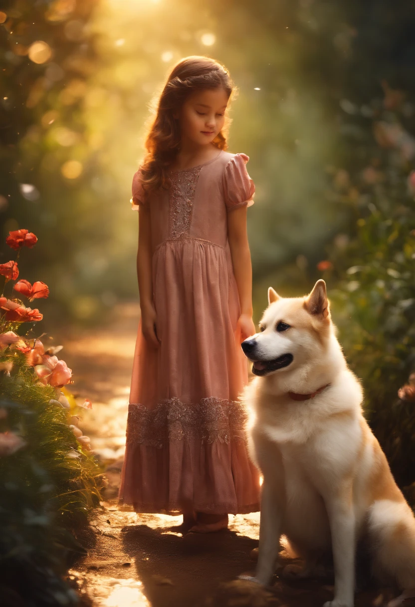 (high quality, 4k, HD, highly defined:1.2), magical, dreamlike image, (realistic, photorealistic, photo-realistic:1.37), (illustration, oil painting, 3D rendering, photography), detailed textures, vibrant colors, soft lighting, a girl hugging a Shiba Inu, beautiful scenery, whimsical atmosphere, gentle sunlight, blooming flowers, enchanting forest, sparkling stream, tranquil ambiance, captivating expressions, harmonious composition, joyful connection between girl and dog, vivid emotions, seamless blend of reality and fantasy, surreal elements, intricate details on the girl's dress, intricate patterns on the dog's fur, serenity, serendipity.