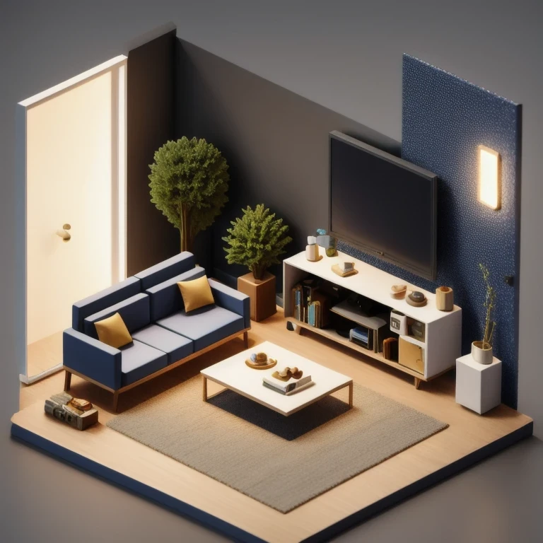 There was a small room,There is a sofa, a television, a table, and a chair, Evenly distributed at 8k, Stylized 3D rendering, Magical voxel movie lighting, 3D rendering style, 3D Video Game Rendering, 3D ios room photo, 3D rendering uniform lighting, videogame 3d render, and perform 3D rendering under adequate lighting conditions(((Miniature Scene)))45 degree viewing angle