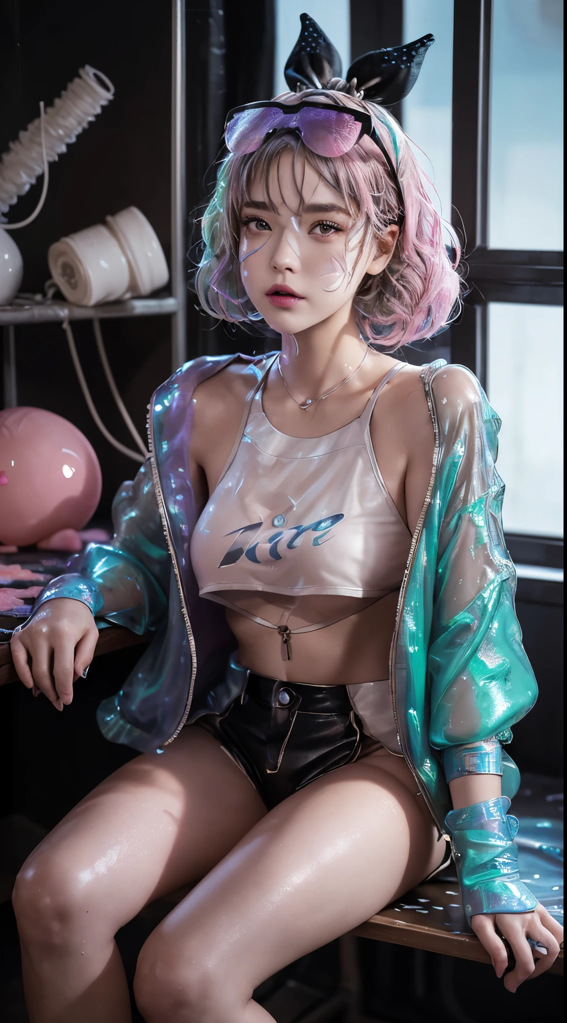 Full body, 1slime girl, li, solo, eye focus with elaborate glow, pink lens flare, movie background, colorful, hyperdetailed, HDR, ultra-detailed eyes, mature, plump, rainbow drops, (supermodel:1.3), composed of paint, fully painted, splash, splash, indoor, (bioluminescent hair: 1.1), (glowing eyes), (makeup)), ferocious, powerful, splashing colors absolutely eye-catching, dynamic angles, beautiful details glow, ambient occlusion, ambient light, ray-traced reflections, retro style, life arcade characters, arcade style world, gloves, jacket, weapons, shorts, black gloves, black jacket, gun, drill hair, black shorts, headglasses, blowing bubbles, chewing gum, (cute face:1.3),