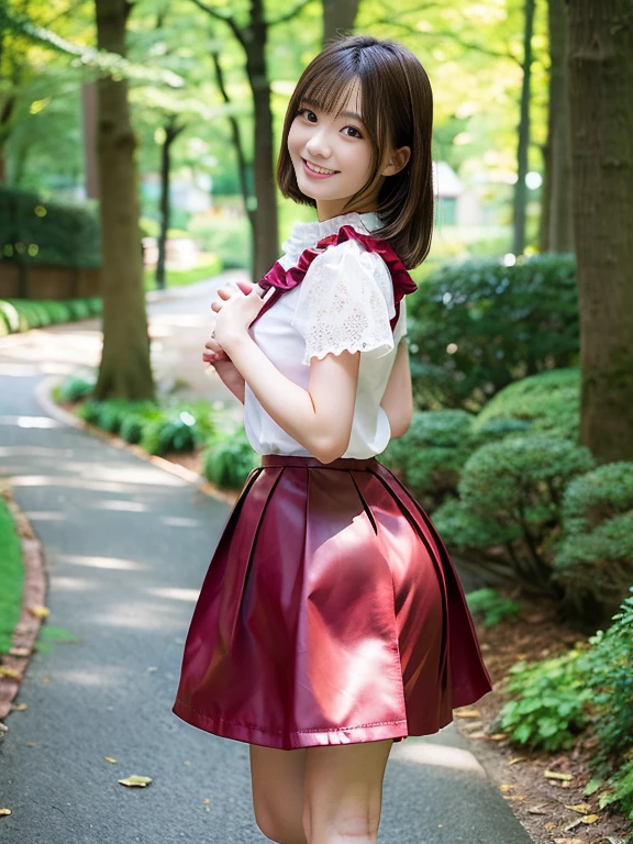 Realistic photo quality、20 year old Japanese model、Idol、Blur the background a lot、 One beautiful woman、Cute Smile、Frilled dresini skirt、Hands, feet and beautiful face of a person、The whole body of the person、forest path、looking at the camera、Sprinting towards here、short hair、Brunette Hair、View the photographer