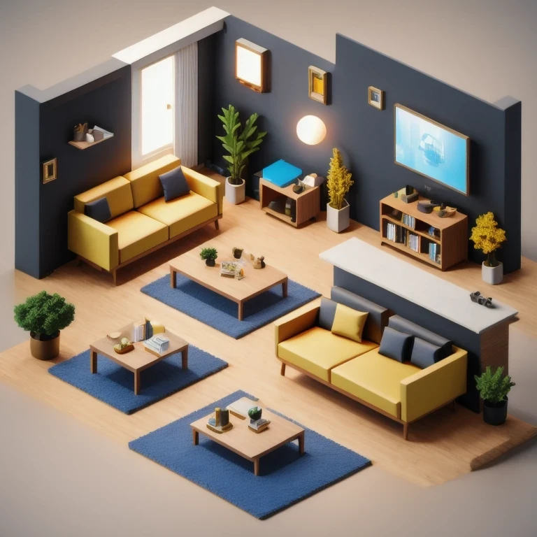 There was a small room，There is a sofa, a television, a table, and a chair, Evenly distributed at 8k, Stylized 3D rendering, Magical voxel movie lighting, 3D rendering style, 3D Video Game Rendering, 3D ios room photo, 3D rendering uniform lighting, videogame 3d render, and perform 3D rendering under adequate lighting conditions（（（Miniature Scene）））45 degree viewing angle