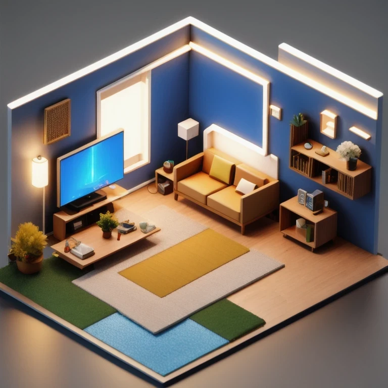 There was a small room，There is a sofa, a television, a table, and a chair, Evenly distributed at 8k, Stylized 3D rendering, Magical voxel movie lighting, 3D rendering style, 3D Video Game Rendering, 3D ios room photo, 3D rendering uniform lighting, videogame 3d render, and perform 3D rendering under adequate lighting conditions（（（Miniature Scene）））45 degree viewing angle