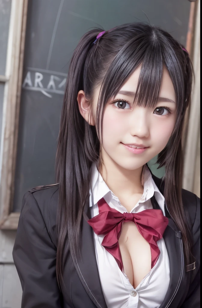 1 girl, very cute, Great face and eyes, (Beautiful lovely smile), (Very detailedな美しい顔), bright shining lips, Keep staring at me, so beautiful, (school uniform:1.3), Open chest、Cleavage、Big Breasts、(highest quality:1.4), (super high quality), (Very detailed), (Surreal, Realistic:1.37), Real skin texture, 8K wallpapers incorporating detailed CG, RAW Photos, Professional photos, Cinema Lighting,Short skirt、Put on your boots、