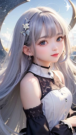(highest quality, masterpiece), One girl, Pause, particle, Wind, flower, Upper Body, Simple Background, View your viewers, , Milky Way,smile、See-through、mysterious、Silver Long Hair、Earrings、Twin taililky way、Crescent Moon