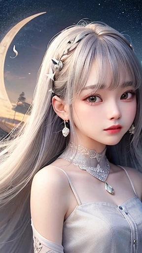 (highest quality, masterpiece), One girl, Pause, particle, Wind, flower, Upper Body, Simple Background, View your viewers, , Milky Way,smile、See-through、mysterious、Silver Long Hair、Earrings、Twin taililky way、Crescent Moon