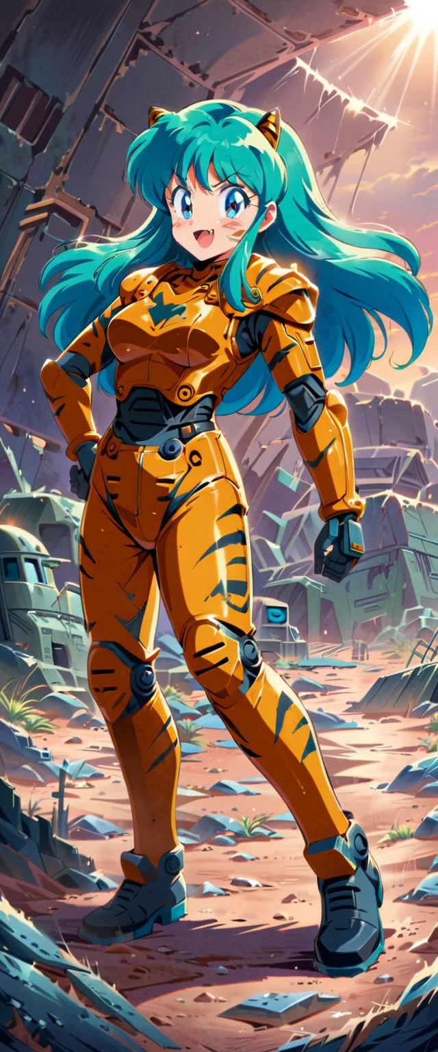 ((Lum)), Solo, blue-green hair, dirty aqua hair, (solo), bangs, long hair, blue eyes, dirty face, blood on the face, score_9, score_8_up, score_7_up, yellow tiny tiger-striped horns, happy, smirk showing fangs, blush, retro anime girl, 80's anime vibe, 1980's anime style, 80's anime style, in the art style of 80's anime, 90s anime style, 90's anime style, 80's anime art style, wear power armor, ((X-01)), Military, damaged, Destroyed background, desert, military base, destroyed military base, Science fiction, Beautiful lighting, dappled sunlight, light particles, Best quality, 4k, 8k, highres, (masterpiece:1.4), ultra-detailed, full body,