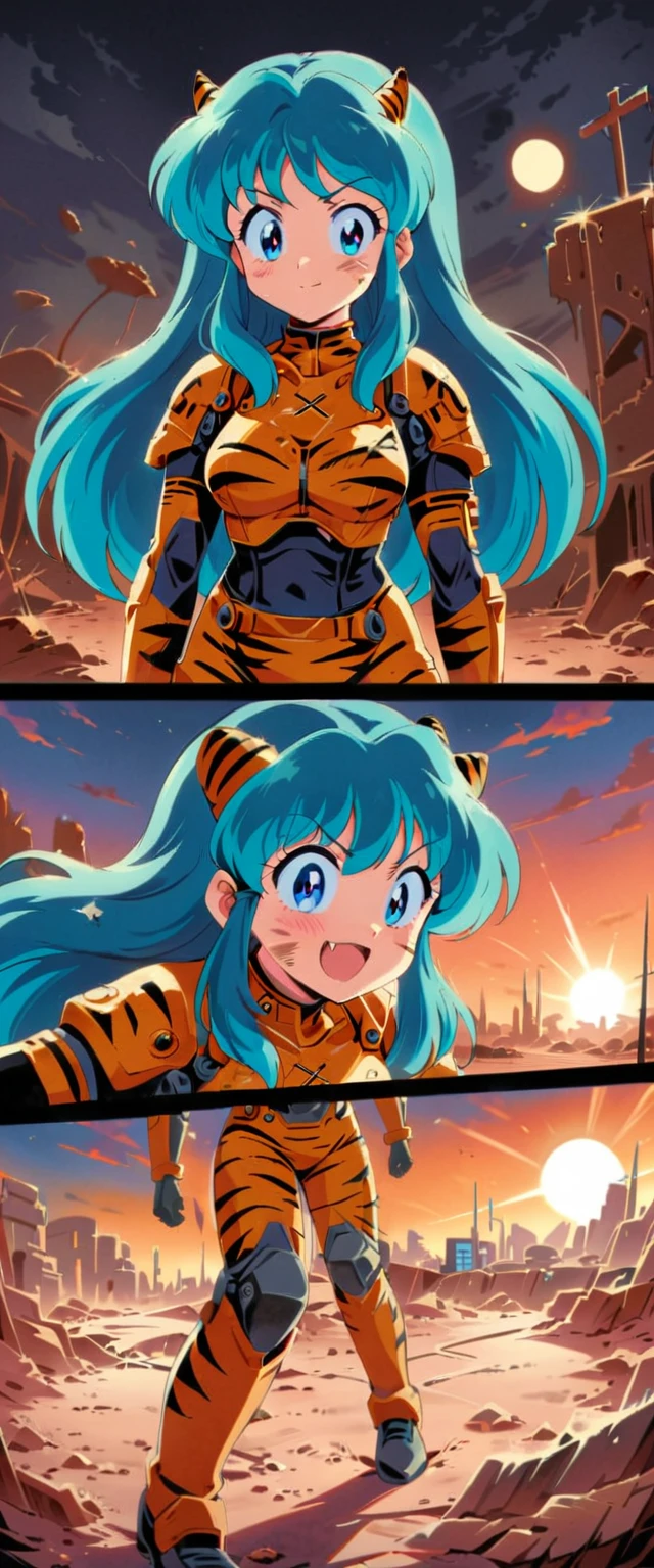 ((Lum)), Solo, blue-green hair, dirty aqua hair, (solo), bangs, long hair, blue eyes, dirty face, blood on the face, score_9, score_8_up, score_7_up, yellow tiny tiger-striped horns, happy, smirk showing fangs, blush, retro anime girl, 80's anime vibe, 1980's anime style, 80's anime style, in the art style of 80's anime, 90s anime style, 90's anime style, 80's anime art style, wear power armor, ((X-01)), Military, damaged, Destroyed background, desert, military base, destroyed military base, Science fiction, Beautiful lighting, dappled sunlight, light particles, Best quality, 4k, 8k, highres, (masterpiece:1.4), ultra-detailed, full body,