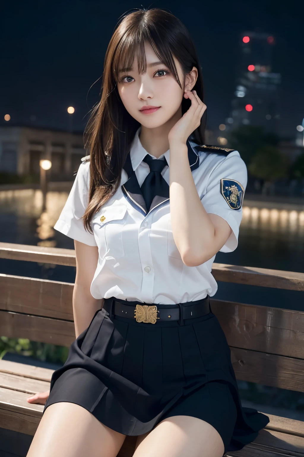 An innocent 20-year-old girl、((Japanese Police Officer, Sexy police uniform, skirt, Cute and elegant, Dramatic Pose)),smile,Night city background,shortcut、RAW Photos, (8k、highest quality、masterpiece:1.2)、(Intricate details:1.4)、(Photorealistic:1.4)、Octane Rendering、Complex 3D rendering with ultra-detail, Studio Soft Light, Rim Light, Vivid details, Super Detail, Realistic skin texture, Detailed aspect, Beautiful details in the eyes, Highly detailed CG Unity 16k wallpaper, compensate, (Detailed Background:1.2), Glowing Skin, whole body,Put your hands down、Spread your legs and show me your panties,Sit on a bench