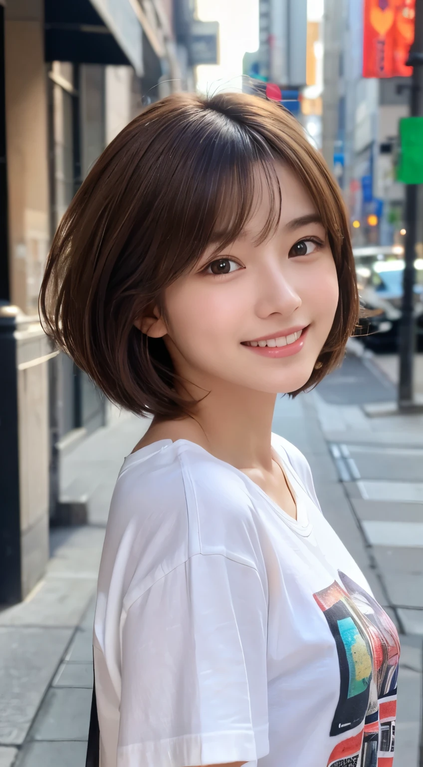 (highest quality,8K quality,masterpiece:1.3,),(超A high resolution:1.3,Photorealistic:1.4,Raw photo:1.2),(Ultra-detailed:1.2,Glowing Skin,Detailed skin:1.1),(Detailed face,Perfect Anatomy,Caustics:1.2),1 boy,cute,Japanese,,Japanese Ido,Natural brown hair,Straight short hair,cute目,Oversized T-shirt,Laughter,Looking at the camera,On the face,Face Focus,Street Corner,Professional Writing,Natural soft light,