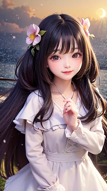 (highest quality, masterpiece), One girl, Twin tails、Pause, particle, Wind, flower, Upper Body, Simple Background, View your viewers, , Milky Way,smile、Purple Long Hair、cute、Twin taililky way、Crescent Moon