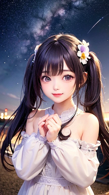 (highest quality, masterpiece), One girl, Twin tails、Pause, particle, Wind, flower, Upper Body, Simple Background, View your viewers, , Milky Way,smile、Purple Long Hair、cute、Twin taililky way、Crescent Moon