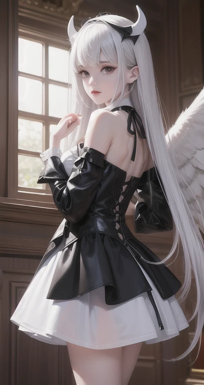 Arad woman wears a white and black dress with horns and wings., The villain has black angel wings and straight legs, Angela White, Cosplay, tight succubus skirt, overlord albedo, (High quality 8K art). Super Wide Angel, amulet, Complete RPG, Anime Girl RPG, Angel wings on the back, Anime RPG, Amirance as a supervillain.