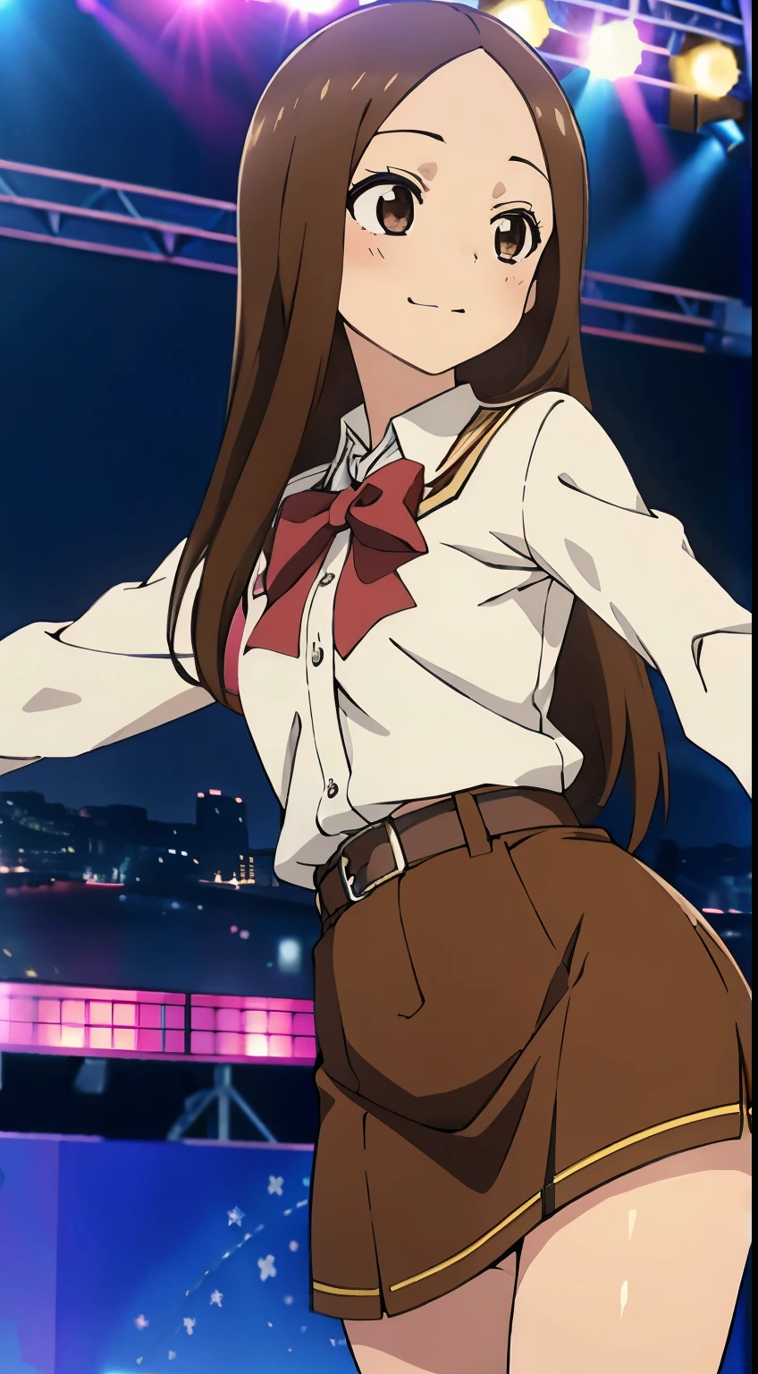 (Realistic),(Realistic),Takagi_Mr. Miss., Height 155 cm,One Girl, ,Long Hair,Brown Hair, Parted bangs, Brown eyes,Idol衣装,Idol,,(Provocative smile), whole body, (((dance))),Extremely exciting,highest quality, (colorful), Ray Tracing,Highly detailed CG Unity,8k wallpaper,((The background is the live stage,たくMr. Miss.のステージ照明, fantastic)).