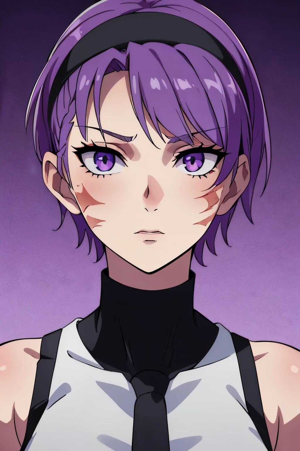 (high-quality, breathtaking),(expressive eyes, perfect face)(scar, scar on face, burn scar, muscular female) 1girl, female, solo, young adult age, Vibrant lavender color hair, purple eye color, spiky fluffy hair, short hair length, Symmetrical Eyes, portrait, neutral expression, grey background, headband with ribbons, fantasy clothing, sleeveless black shirt, narrow eyes, feminine face, warrior, Sidecut hairstyle, Shaved hairstyle, Subtle Side Shaved Bob
