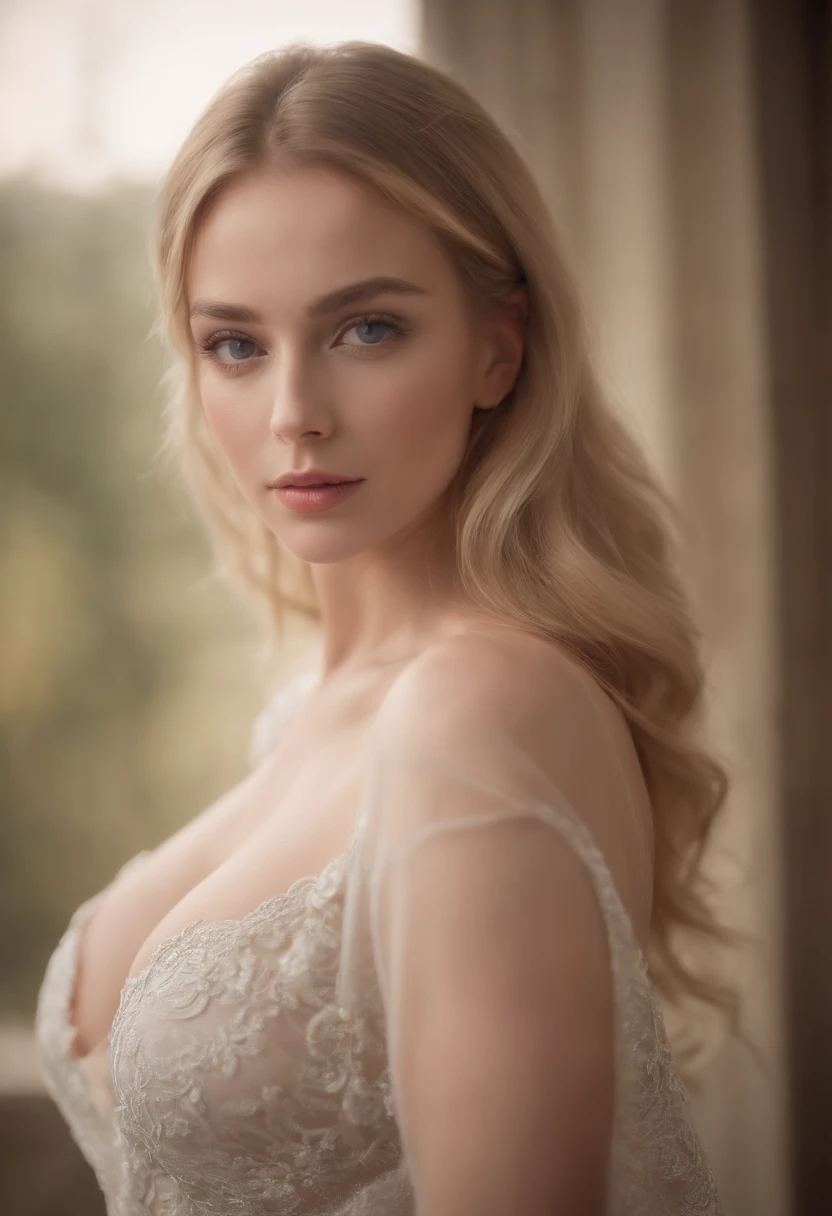 foto profissional de corpo inteiro, alto detalhe, pele realista. As the camera pans around the room, the magical bokeh of the lights creates a dreamlike atmosphere. No centro da sala, there is a 20 year old goddess with straight blonde hair, boca grande, fleshy lips and blue eyes. A pair of shiny earrings and a shirt with a generous neckline drawing attention to your large breasts, adding a touch of mystery to its already intriguing presence. its intricate details adding to the overall cinematic feel of the scene.