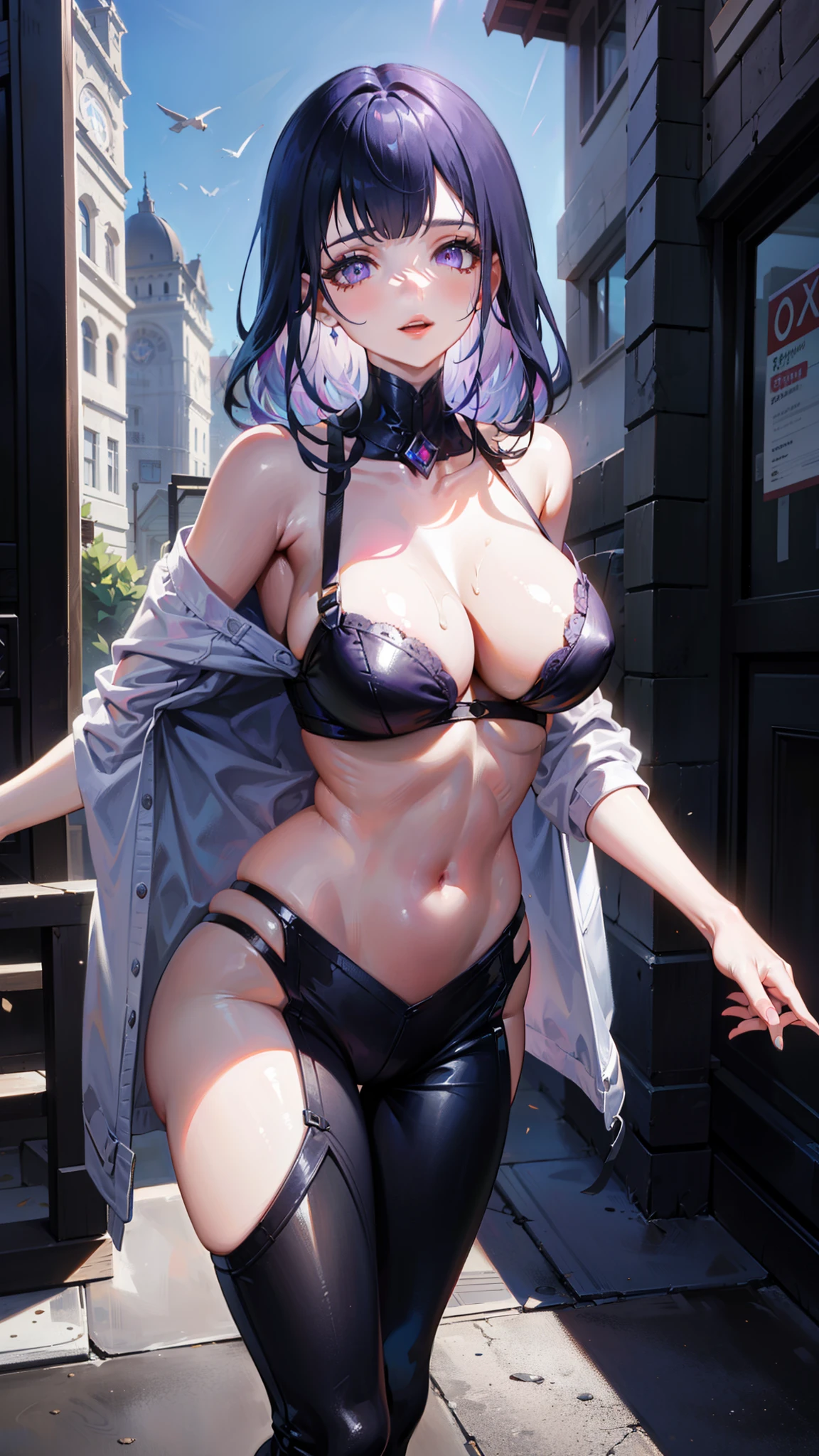 (She has a charming and captivating appearance. Ela tem muito charme, Cabelo escuro, which is often styled in an elegant and sophisticated way. Your eyes are big and expressive, with naturally voluminous seduction. claro e radiante, with soft and delicate characteristics. Her smile is adorable and she has well-shaped lips). She is known for her classic and graceful beauty, (imagem colorida), Ciberpunk, cidade, sinal de paz, brincos, Neon, beautiful lighting, reflexo roxo, foco no personagem, computer graphics illustration. ((foto ultra realista, 8k HD, foto profissional, foto bem colorida, cheio de detalhes nas roupas e no rosto, olhos cheios de vida, olhos com brilho rosa, obra de arte,  Deusa da beleza)). Shogun Raider from Genshin Impact is a sexy woman with long flowing purple hair, brilho de energia rosa nas pontas do cabelo, ela usa  sexy altamente detalhada, calcinha transparente, quimono detalhado, She wears a jewel on the side of her head adorned with golden details and a jewel in the center. - Ela usa uma roupa roxa e rosa com detalhes dourados, com desenhos ornamentados em ouro. The upper part of the armor is tight to the body, destacando suas curvas, seus seios naturais marcados, (ela tem seios longos, enorme, seios perfeitos emergindo de seu sexy,  neckline, SEIOS pontiagudos), ((micro calcinha transparente mostrando a bucetinha , buceta perfeita, pelos pubianos, calcinha apertada)), corpo definido, corpo com curvas, bunda grande e empinada,  on display, His arms are covered in armored gloves with similar designs in gold and secured to the arm by straps.... -A piece of cloth flows from his waist, complementando o visual da armadura. - ((Her face is very beautiful, She has light pink eyes and a serious expression.)). - no fundo, there is a dramatic sky full of dark clouds and purple lightning lighting up the scene. The full moon is visible between the clouds. Poses, Posando, sentado com as pernas abertas, agachado mostrando a vaia