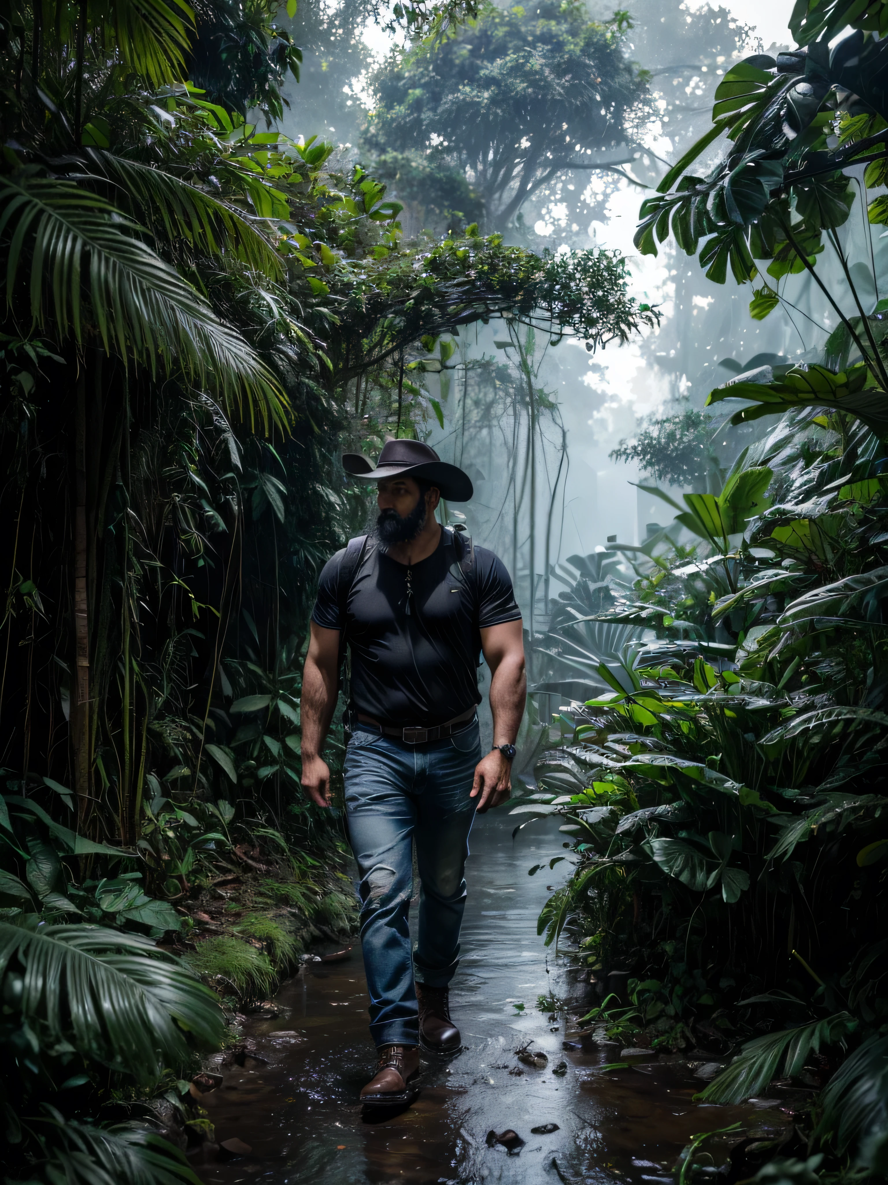 ((Realistic lighting, best qualtiy, 8K, ultra Realistic,masterpiece:1.3)), sharp focus:1.2, of a 45 year old indian male, adult, obese body, sharp detailed body, realistic face, Highly detailed face, cowboy hat, jeans, shirts, boots, backpack , books, adventurer，explorer，sweating, hiking，full body view((adventurer)),jungles,oases,giant and wet trees, dark eerie environment, amazon, anaconda, panther, mist, rain