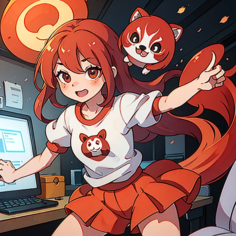 Cute red panda dancing in the computer room