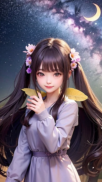 (highest quality, masterpiece), One girl, Twin tails、Pause, particle, Wind, flower, Upper Body, Simple Background, View your viewers, , Milky Way,smile、Purple Long Hair、cute、Twin taililky way、Crescent Moon