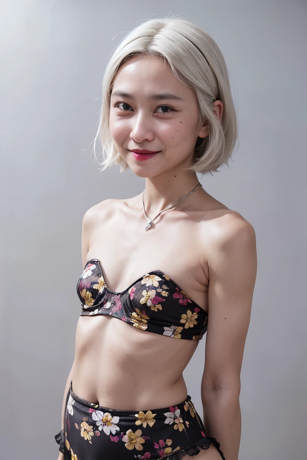 ((SHORT WHITE HAIR COLOR)), ((FLAT CHEST:1.7)), ((Lace)), (Happy smile), masutepiece, High quality, UHD 32K, Realistic face, Realistic skin feeling , A Japanese Lady, 58 years old matured lady, , Very cute and baby-like face, (((FLAT CHEST))), (Night time at forest), ((look In front at the camera and SADNESS)), (((CUTE GIRL))), ((YELLOW LIPS)), ((Floral Pattern)) little wearing strapless bra, strapless colorful bra, dark night background , black forest night, horror scary place, (from behind up) seductive pose