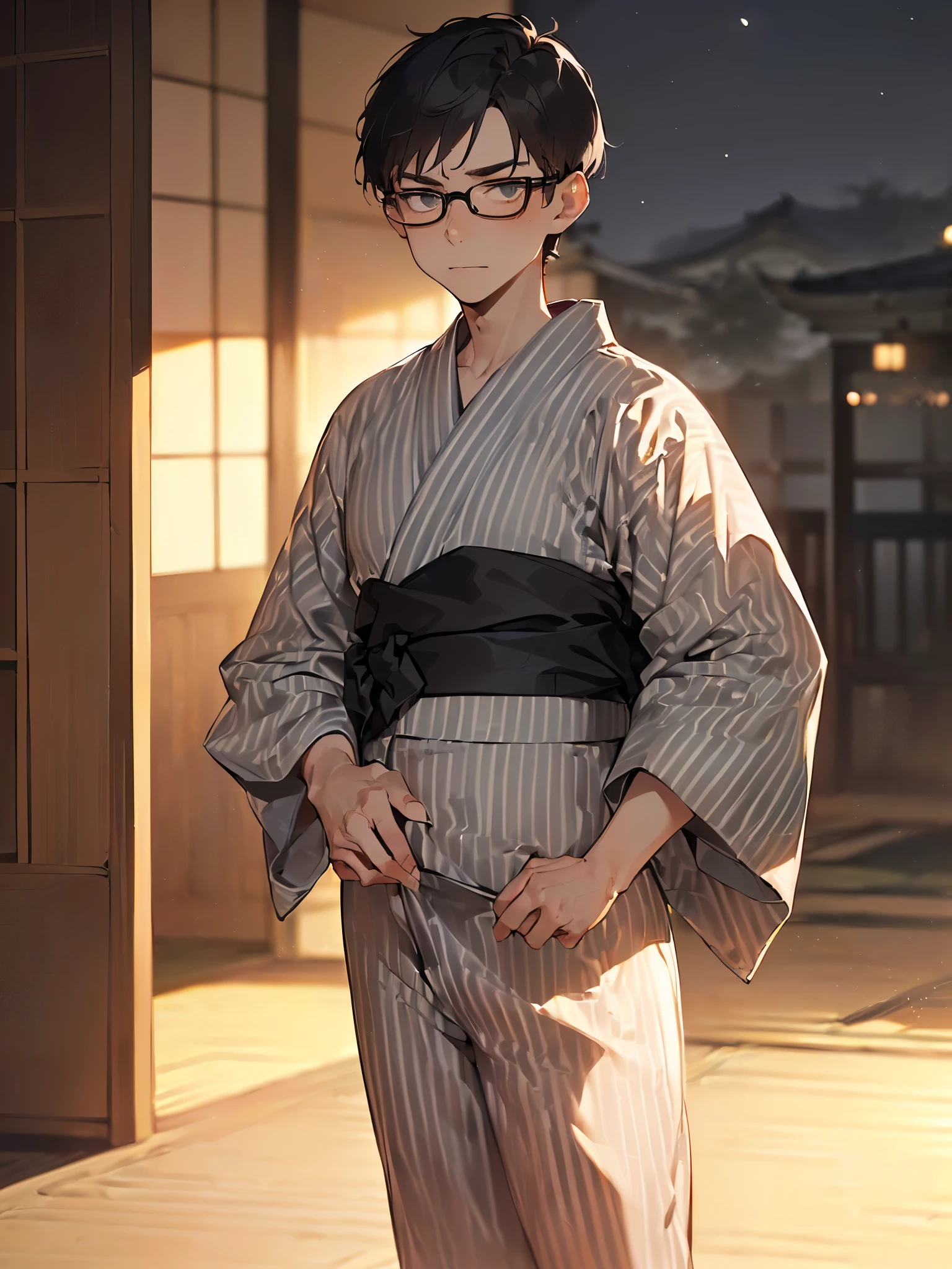 (((Cowboy Shot、A young, thin man with short hair and black-rimmed glasses wearing a simple dark gray striped yukata:1.6,He has a suspicious look on his face.:1.3))),(((Ryokan rooms、tatami:1.3、night:1.1)))