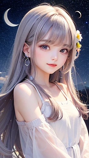 (highest quality, masterpiece), One girl, Pause, particle, Wind, flower, Upper Body, Simple Background, View your viewers, , Milky Way,smile、See-through、mysterious、(Silver Long Hair、Some have red hair)、Earrings、Twin taililky way、Crescent Moon