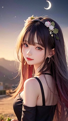 (highest quality, masterpiece), One girl, Pause, particle, Wind, flower, Upper Body, Simple Background, View your viewers, , Milky Way,smile、See-through、mysterious、(Silver Long Hair、Some have red hair)、Earrings、Twin taililky way、Crescent Moon