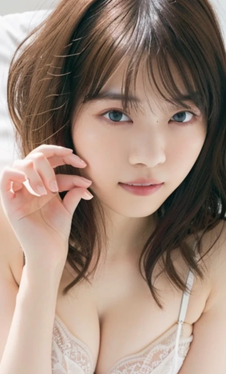 masterpiece、highest quality、16k、RAW Photos、Very detailed、Ultra-high resolution、Ultra-high resolution,Written boundary depth、Very detailed、Hotel Rooms、bright、Cinema Lighting、Professional Lighting、Pale shading、Low contrast、Japanese、Beautiful woman、round face、smile、Smooth, Silky skin、Clear white skin、((White Lingerie、Lace Lingerie、Thin lingerie、:1.3))、(Beautiful thighs:1.6)、(C cup breasts:1.0)、Beautiful and beautiful eyes、Big eyes、Long eyelashes、Transparent double eyelids、Droopy eyes、Tear bags、(Thin eyebrows:1.0)、(Thin lips:1.0)、Natural Makeup、Natural color lip、人を幸せにするsmile、(Floating Hair、Messy Hair、Long Wavy Hair、High Ponytail:1.3),(The bangs are see-through)、((Lying in bed,whole body,Head to thigh photo:1.3))