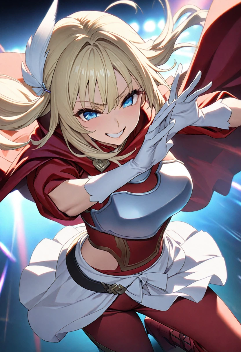 masterpiece、highest quality、Ultra-high resolution、Maximum resolution、Very detailed、Professional Lighting、anime、Adult female、thin、so beautiful、Beautiful Eyes、close your eyes、Beautiful Face、long blond、Feather hair ornament、Blue breastplate、White mini skirt、Red pants、Red high heel boots、White long gloves、Red Cape、Dynamic fighting pose、smile