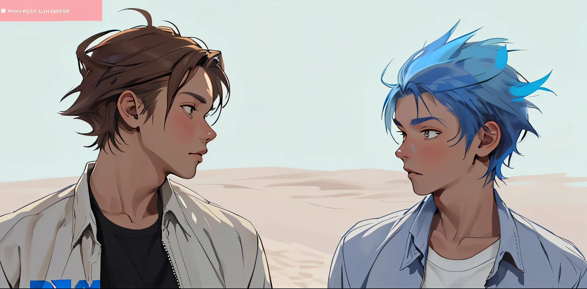 There are two 16 year old boys, one with blue hair and the other with brown hair.