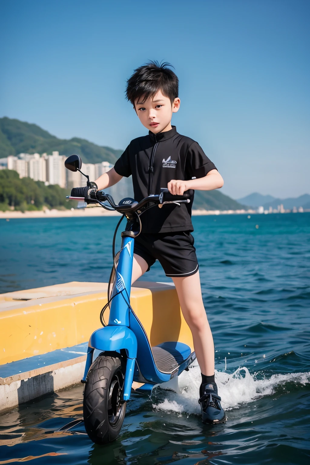 A 7-year-old Chinese boy，Wearing a black sportswear，Cartoon Character Photography，big eyes，very cute，Standing on blue scooter，Glide on the waves，C4D Rendering