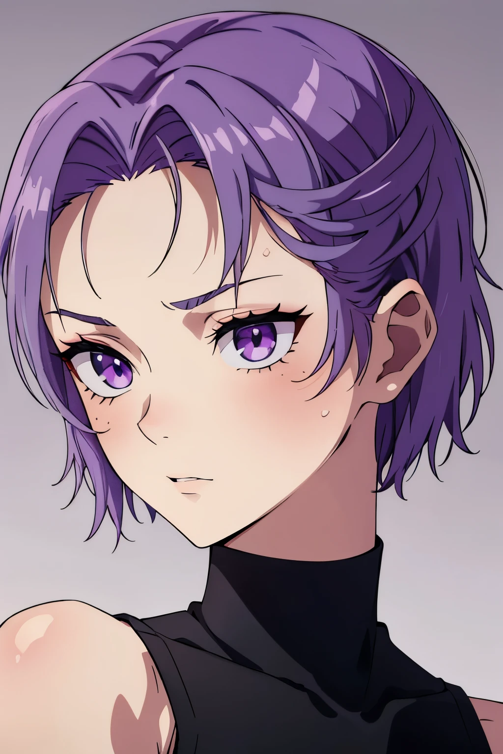 (high-quality, breathtaking),(expressive eyes, perfect face)(scar, scar on face, burn scar, muscular female) 1girl, female, solo, young adult age, Vibrant lavender color hair, purple eye color, spiky fluffy hair, short hair length, Symmetrical Eyes, portrait, neutral expression, grey background, headband with ribbons, fantasy clothing, sleeveless turtleneck black shirt, narrow eyes, feminine face, warrior, Sidecut hairstyle, Shaved hairstyle, Subtle Side Shaved Bob
