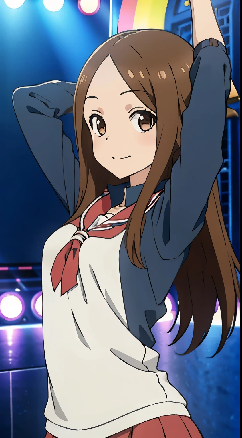 (Realistic),(Realistic),Takagi_Mr. Miss., Height 155 cm,One Girl, ,Long Hair,Brown Hair, Parted bangs, Brown eyes,Idol衣装,Idol,,(Provocative smile), whole body, (((dance))),Extremely exciting,highest quality, (colorful), Ray Tracing,Highly detailed CG Unity,8k wallpaper,((The background is the live stage,たくMr. Miss.のステージ照明, fantastic)).