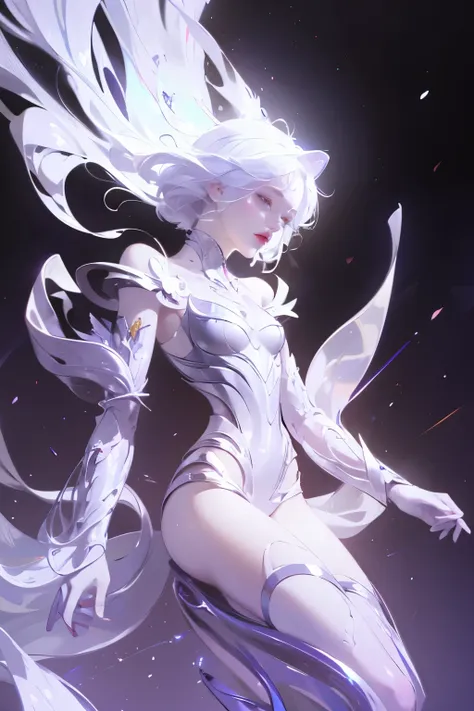 ((girl, mecha)), glowing eyes, delicate face, damaged armor, mechanical aura, mechanical arm, white hair, long hair, ceramic bod...