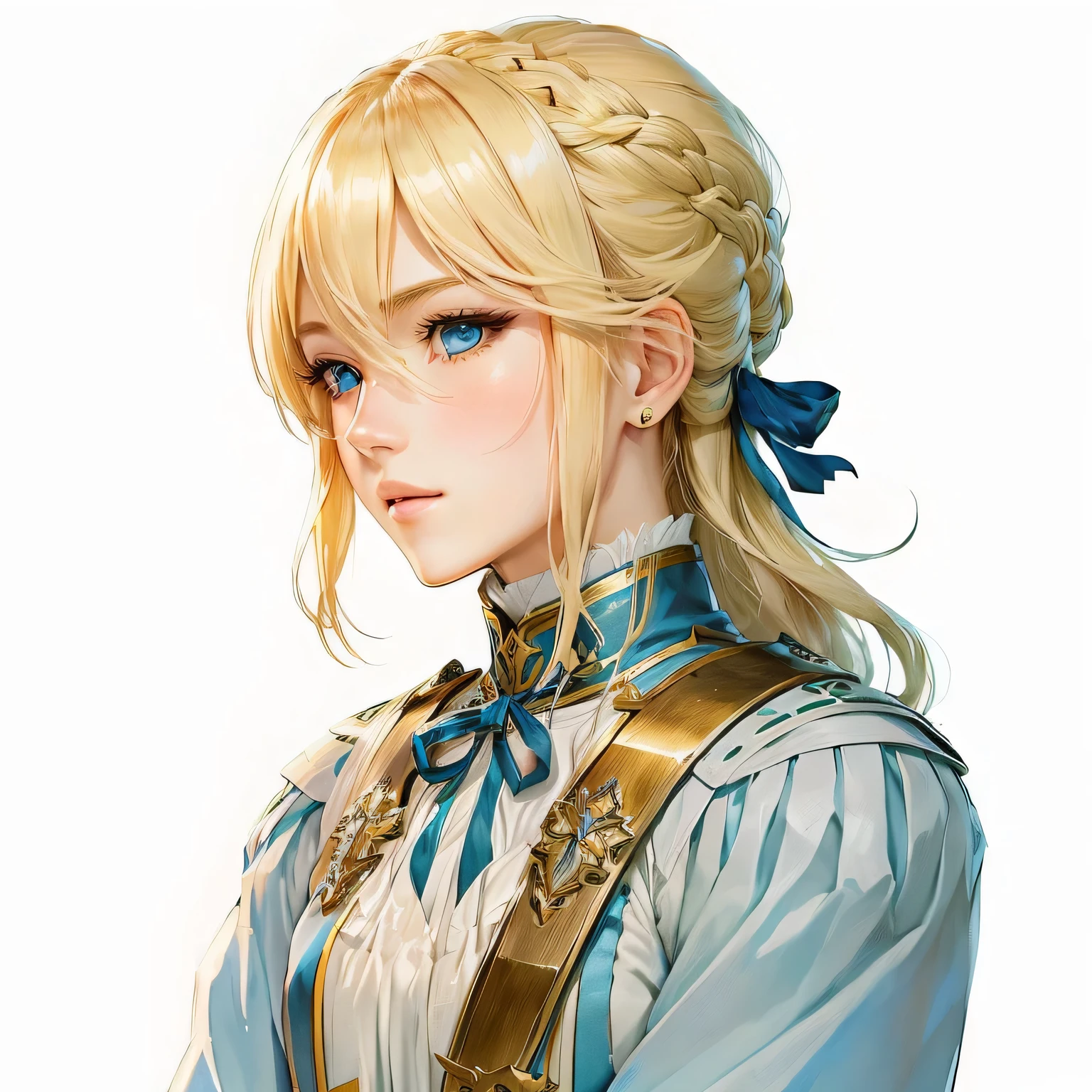 Anime-style image of a blonde, blue-eyed woman, Portrait of a girl in the Knights of the Zodiac, Vivid RPG Portraits, Beautiful female priest, portrait knight woman, April Rendering, Inspired by Valeria Dennes, portrait of female paladin, Inspired by Le Chevalier, Female protagonist 👀 :8, Artoria Pendragon, Detailed portraits、Embarrassed、Blushing